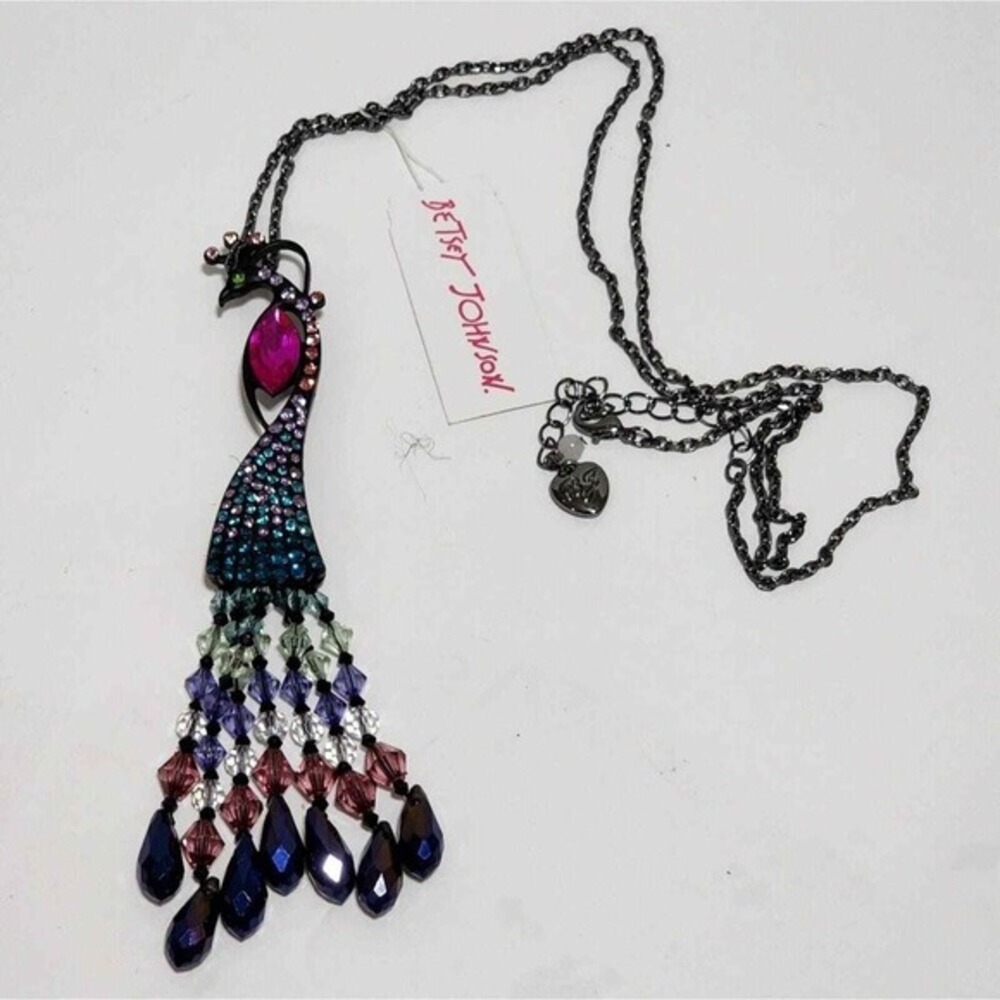 Betsey Johnson Peacock Pendant Necklace Rhinestone Crystal Multi-Color Gemstones
